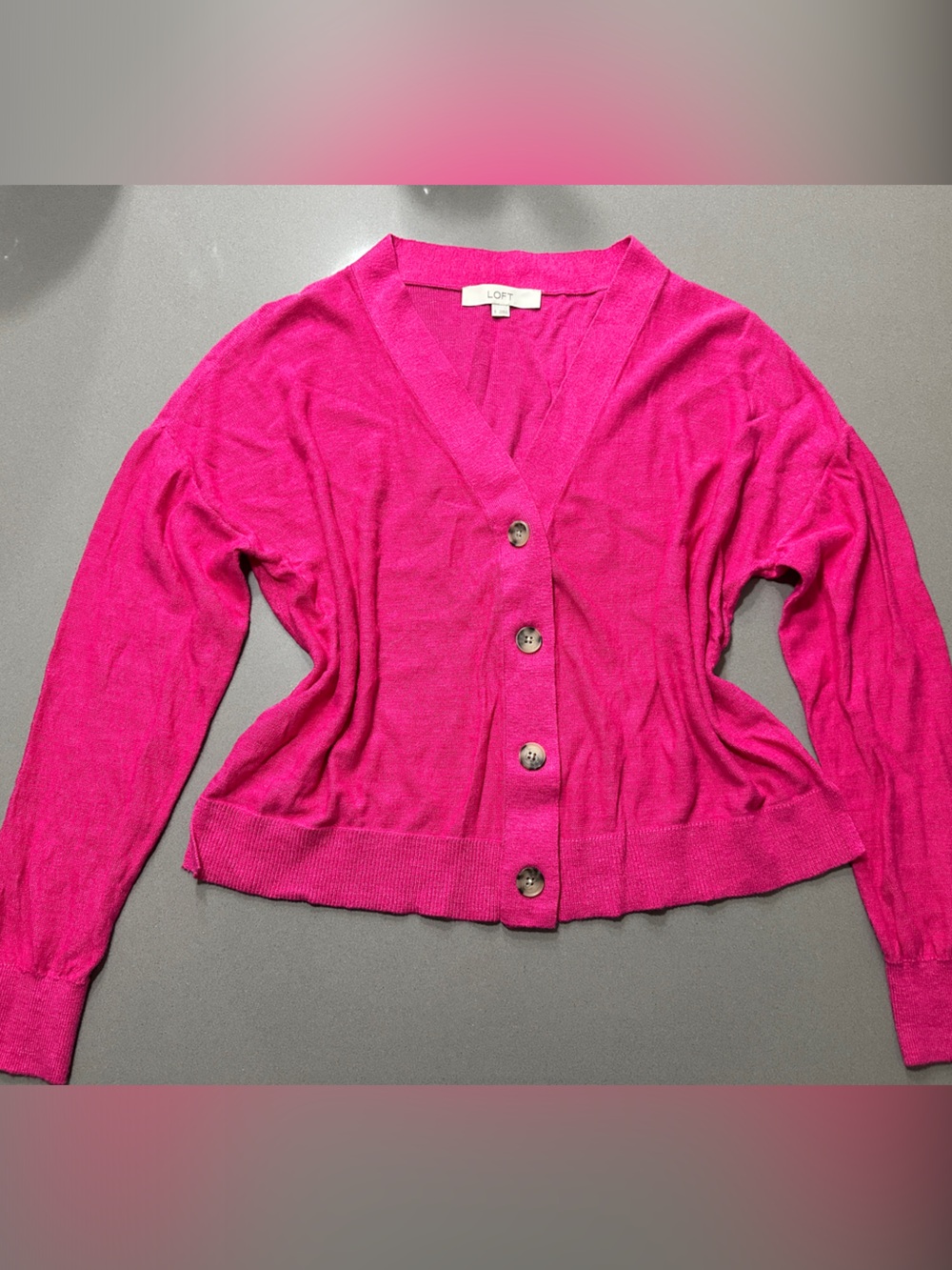 LOFT Fuchsia Button-Front V-Neck Cardigan